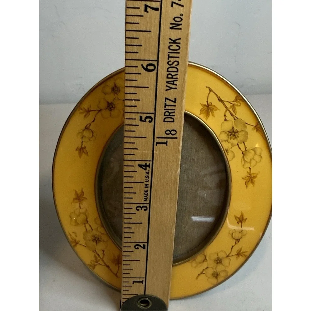 Vintage Yellow Enamel Oval Floral Picture Frame Brass Metal Tabletop Photo Decor